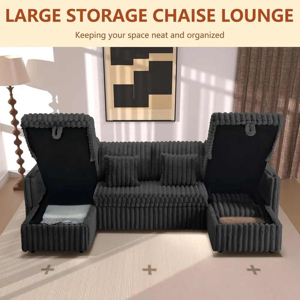 107 أريكة مقطعية مع سرير قابل للسحب، كرسي تخزين، مسند ظهر قابل للتعديل، منافذ USB، حاملات أكواب، جيوب جانبية، قماش سروال قصير