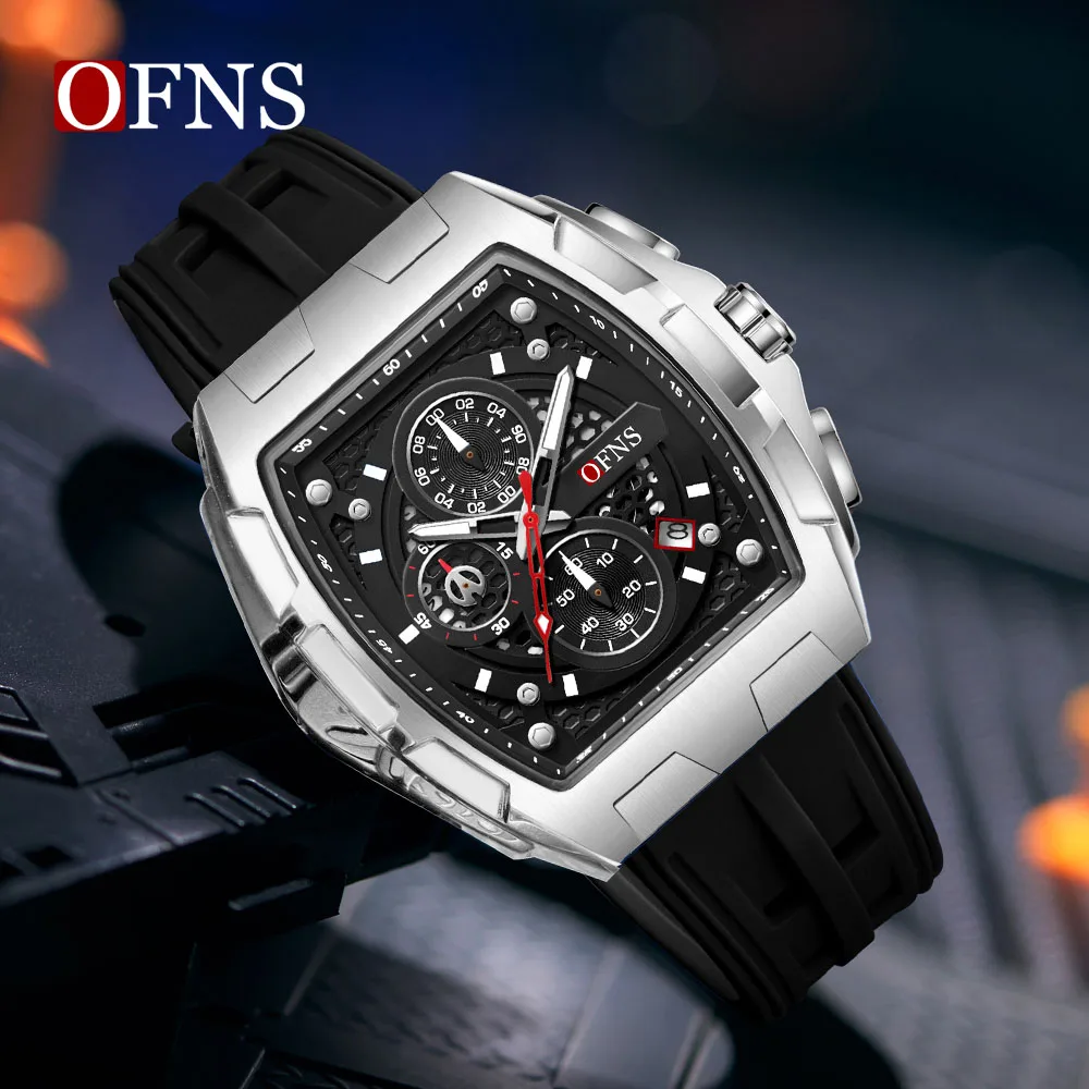 Ofns Brand 1210 Multi Functional Three Eye Six Pin Waterproof Luminous Calendar Men's Silicone wine barrel Student Quartz Watch