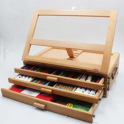 Adjustable Wooden 3-Drawer Storage Box Easel, Beechwood Portable Artist Desktop Case with Fold Down Canvas Easel for Markers