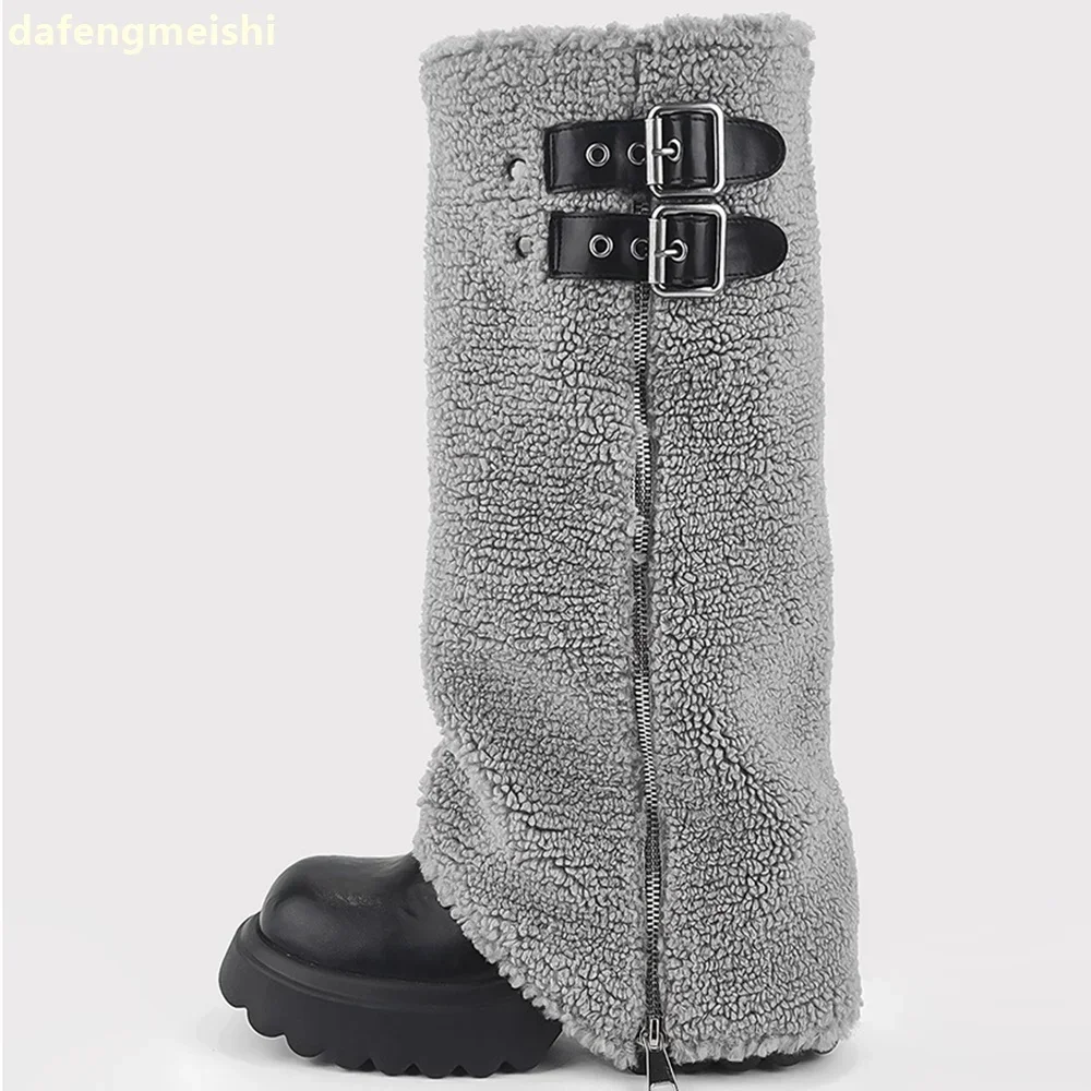 

2025 New Winter Snow Boots Gray Fur Zipper Sleeve Shark Boots Platform Heightening Women Mixed Color Fashion Knee-High Boots