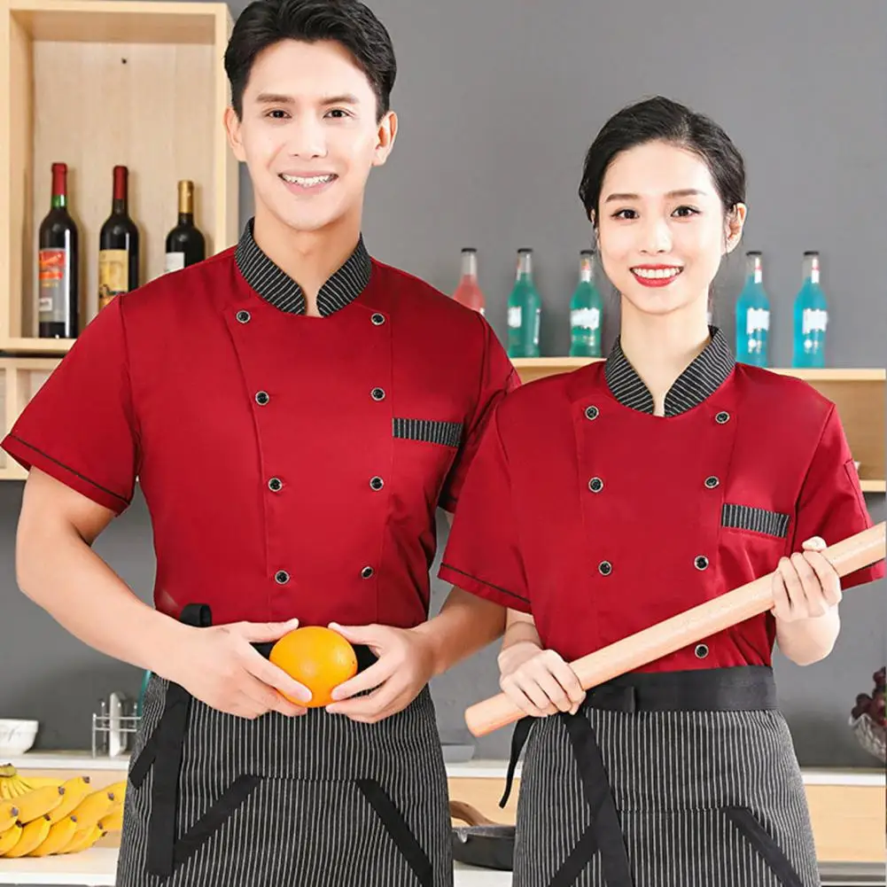 Stand Collar Short Sleeve Double Breasted Patch Pocket Splicing Chef Uniform Service Bakery Breathable Chef Shirt Work Clothing