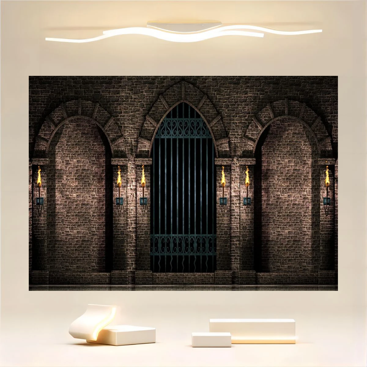 Gothic Castle Ancient Stone Wall Arch Iron Gate Torch Corridor Halloween Night Background Medieval Castle Party Decoration