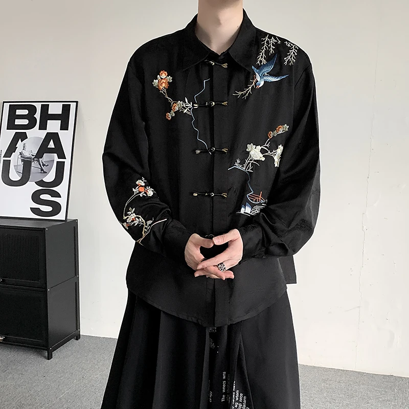 PFNW Menswear Flower And Bird Embroidered Chinese Knot Button Shirt Loose Fit Heise Long Sleeve Top Causal Lapel Clothes 12C1528