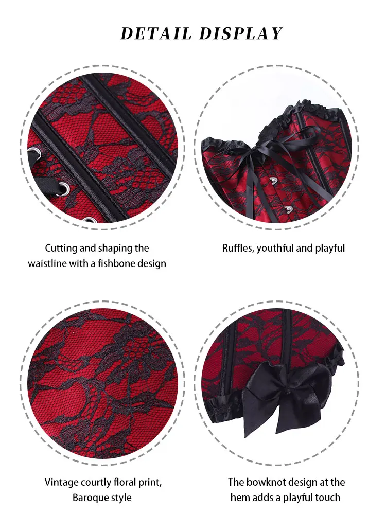 Damen Gothic Overbust-Korsett mit Spitze, Rüschen, Schleife vorne, Busk-Rückseite, Schnürung, Taillenformer, Halloween-Party-Kostüm – Detail 6