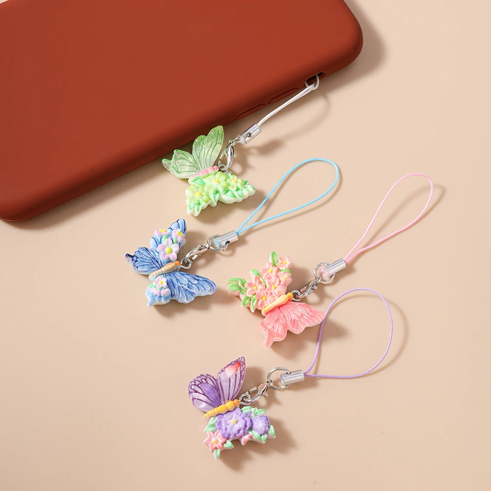 Aihua 4pcs/set Sweet Lovely Colorful Buttefly Phone Chain Hanging Phone Strap Handmade Mobile Lanyard Keychain Jewelry Gifts