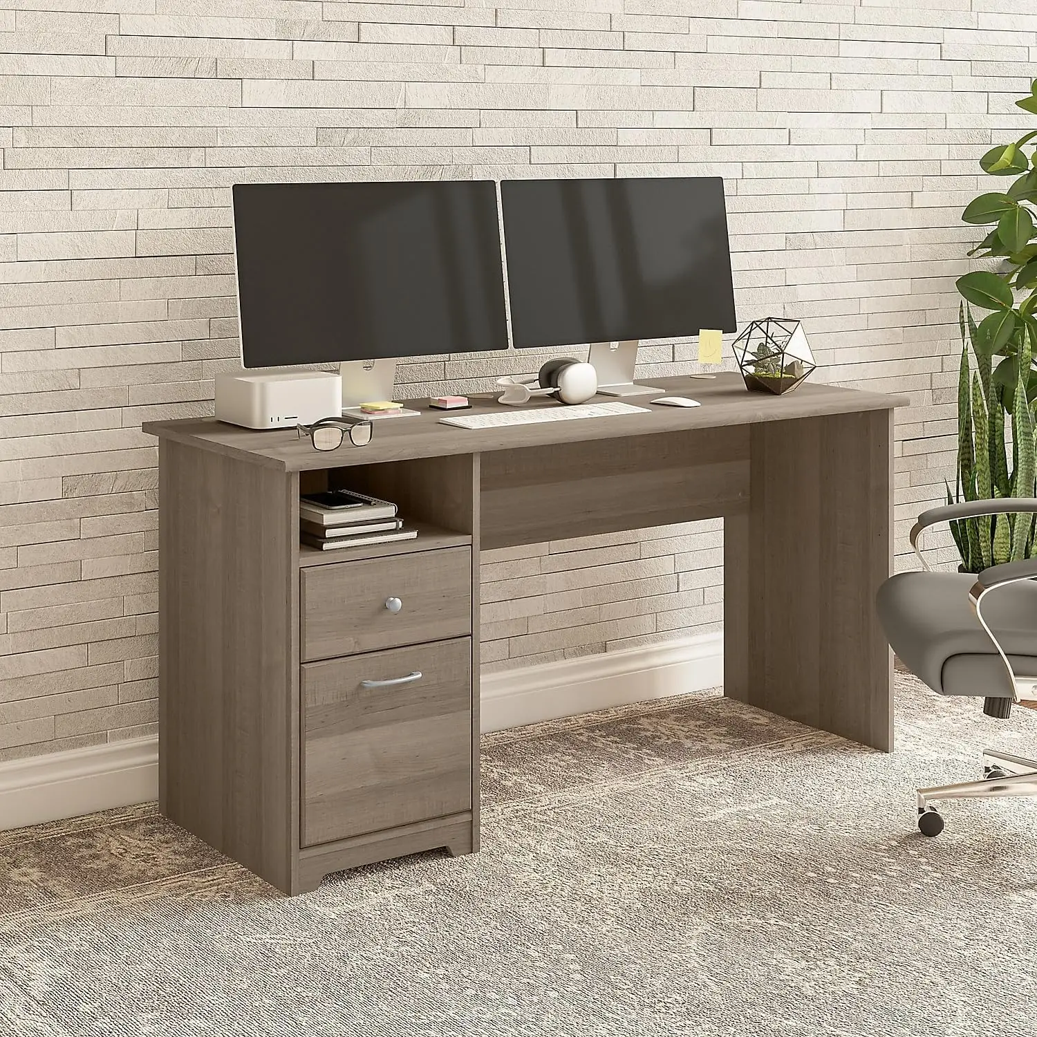 Bush Furniture Cabot 60W Office Desks For Home Office With Storage And Chrome Hardware Elegant Computer Table With Drawers, Ash