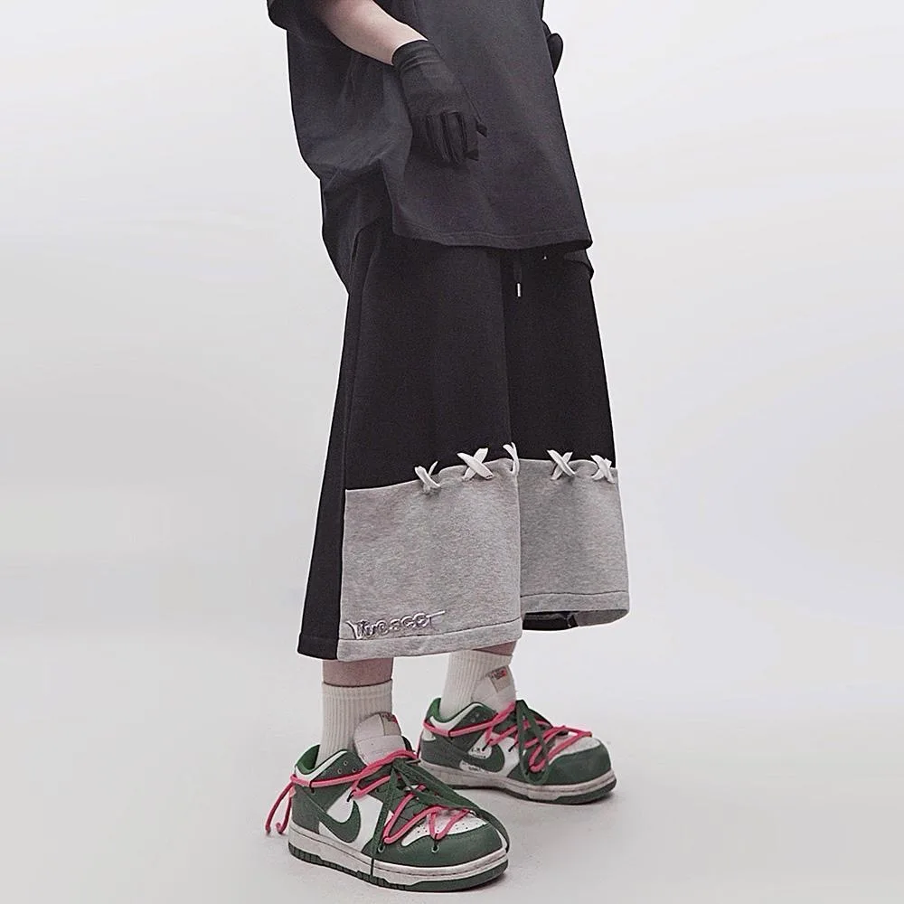 Patchwork Cargo Shorts Mens Streetwear Hip Hop Calf Length Pants Harajuku Vintage Baggy Casual Wide-leg Sport Short Male