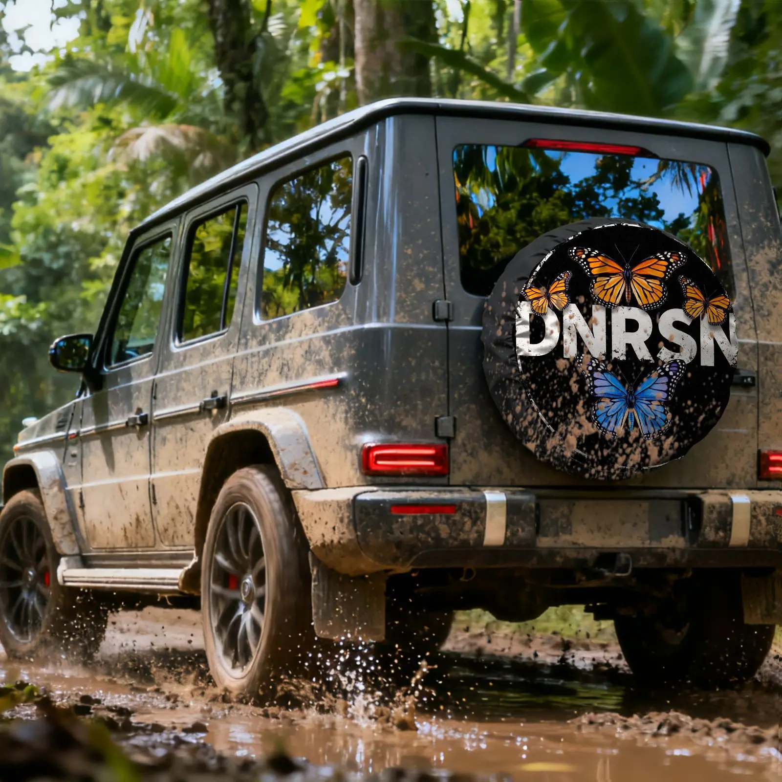 Vintage DNRSN Letter Butterfly Print Tire Cover, Polyester Fiber Material, Universal Fit For RVs, SUVs, And Trucks, Outdoor Camp