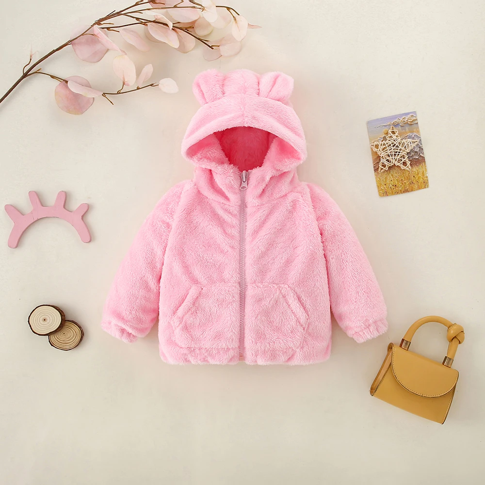 

Осенне-зимнее пальто для маленьких девочек, однотонное плюшевое пальто с капюшоном и длинными рукавами на молнии с милыми ушками, повседневная одежда для девочек