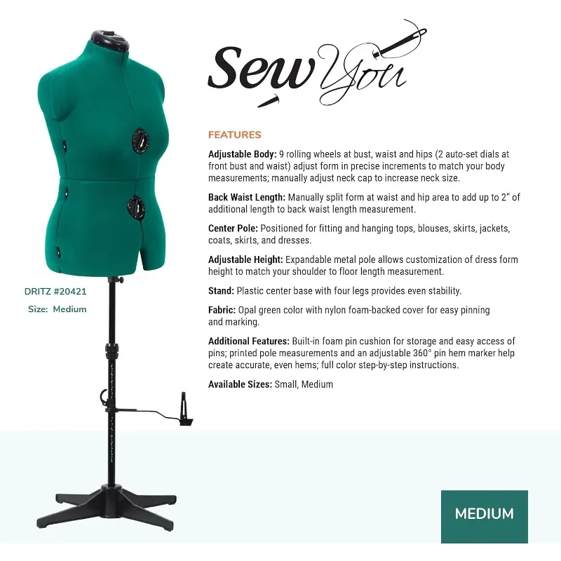 Sew You Adjustable Dress Form, Medium, Opal Green