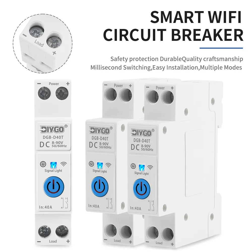 Smart WIFI Circuit Breaker 40A 8-90VDC Smartlife/TUYA App Loop Timer Relay Status Switch Remote Control Real-Time Monitoring