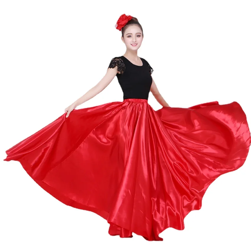 New10 Colors Satin Smooth Solid Spanish Flamenco Skirt Plus Size Performance Belly Dance Costumes Femal Woman Gypsy Style Skirt