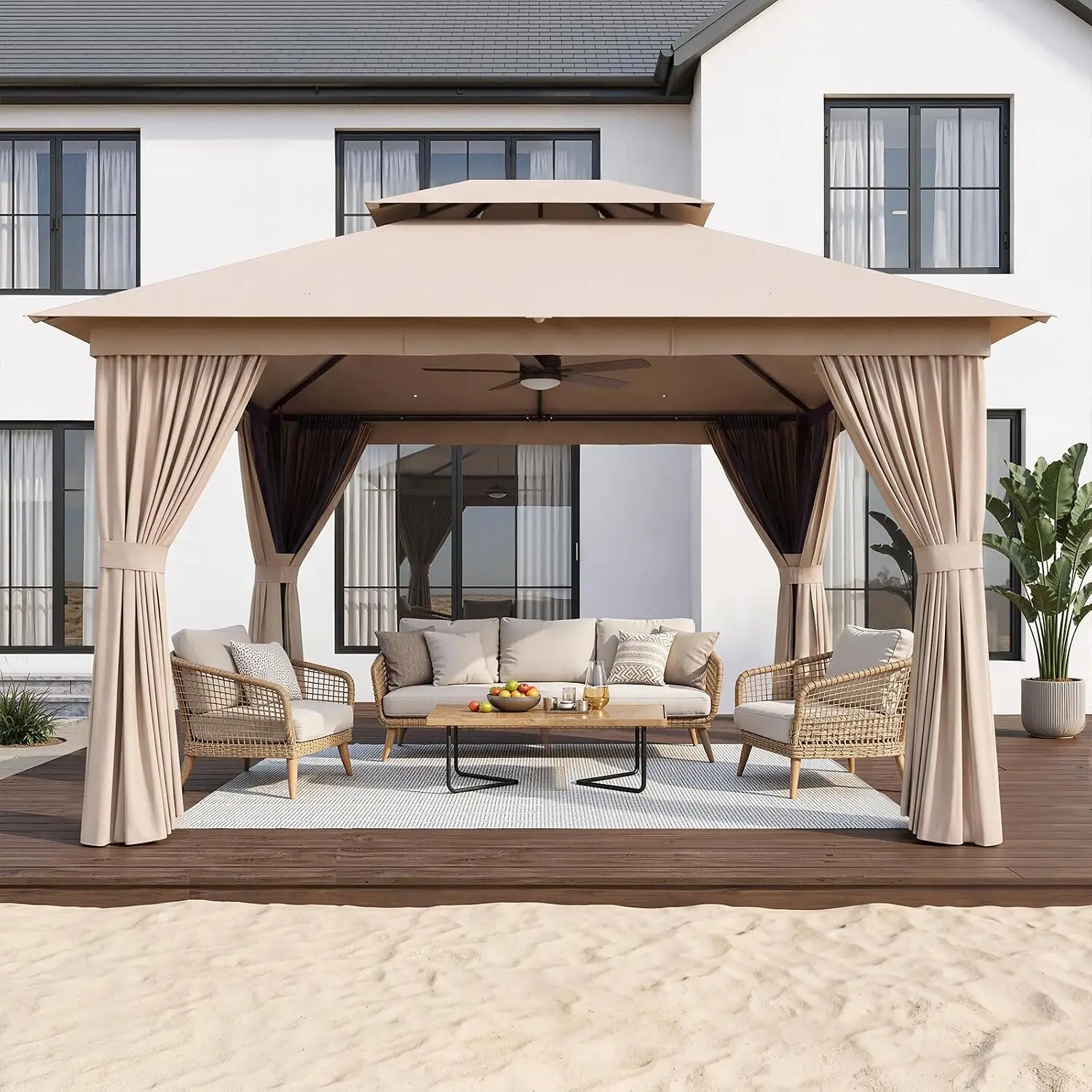 12'x10' Outdoor Gazebo with Curtain & Mosquito Netting, Beige, Customized