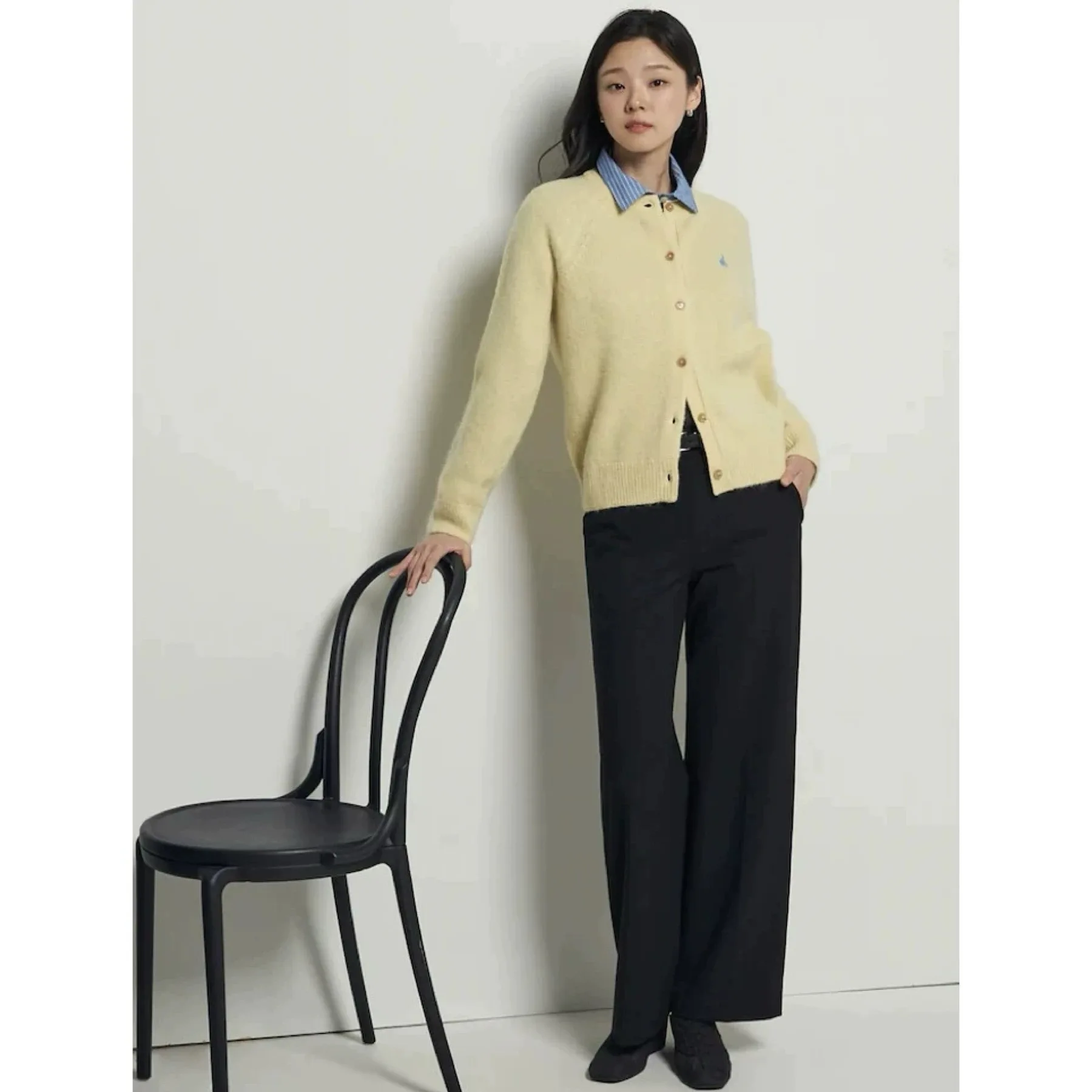 Limão queijo bp25 inverno casual versátil redondo ne cor faculdade sle aberto malha de lã cardigan malhas femininas