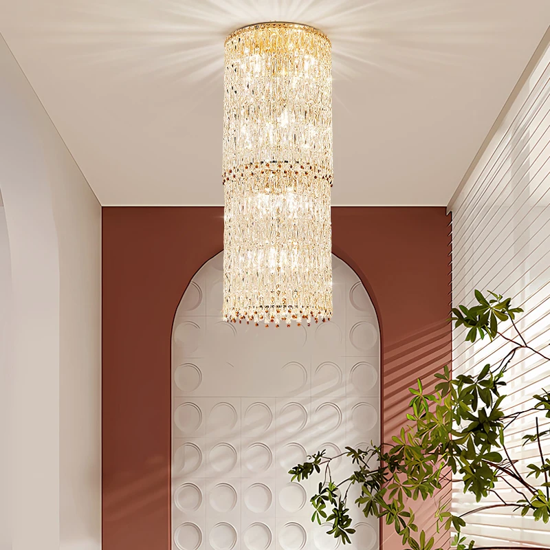 Villa Living Room Luxury Crystal Staircase Light Duplex Building Crystal Long Cantilever Mezzanine Lobby American Led Chandelier