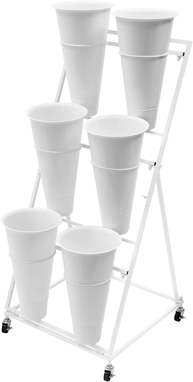 

3 Tier Rolling Flower Display Stand 6 Buckets - Heavy Duty Plant Cart with Wheels for Indoor/Patio/Garden (2 Packages)