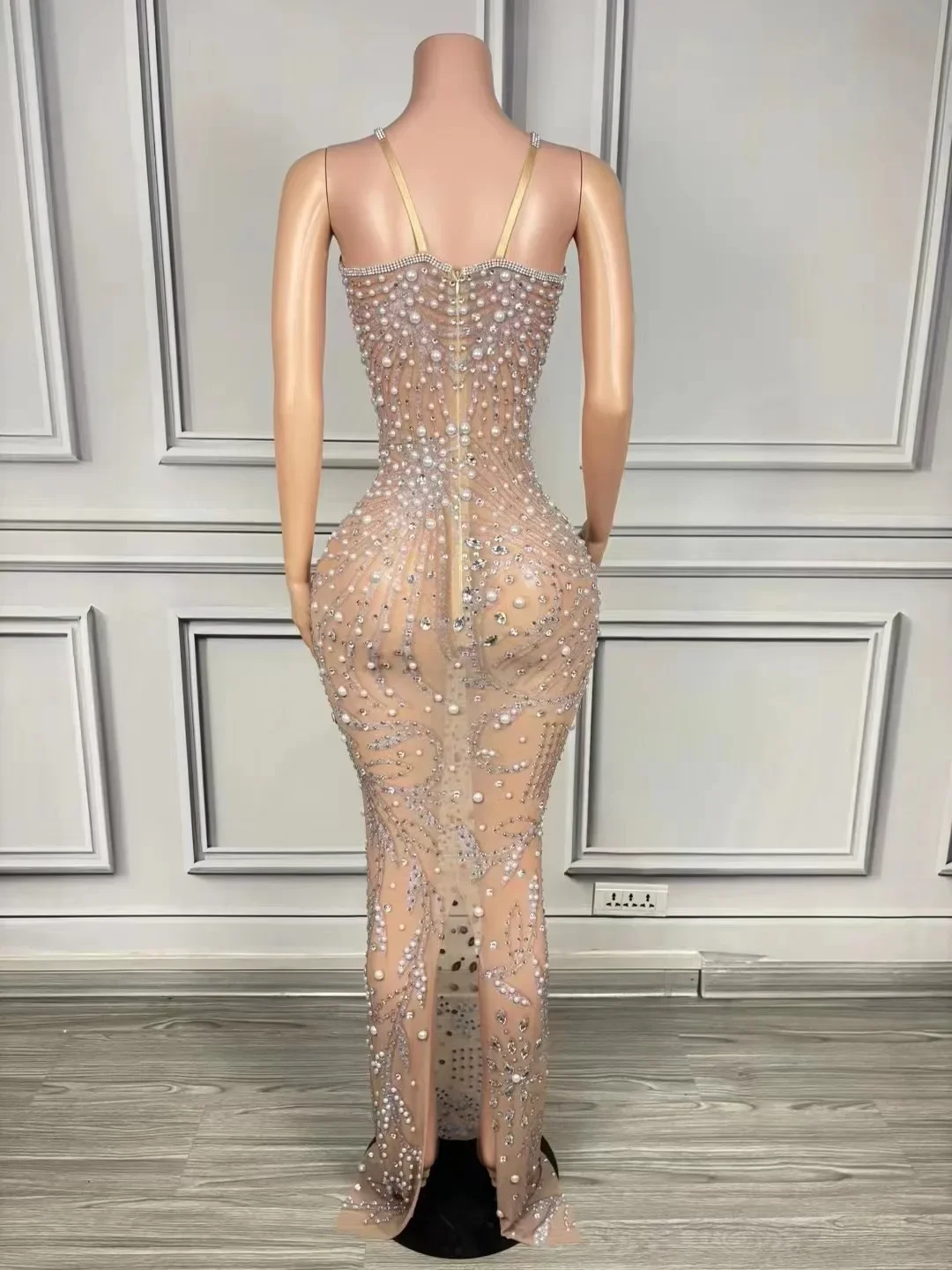 Sexy Luxury Pearls Rhinestones Crytral See-Through Back Slit Dress Evening Party Performance Costume Nightclub Singer Stage Wear