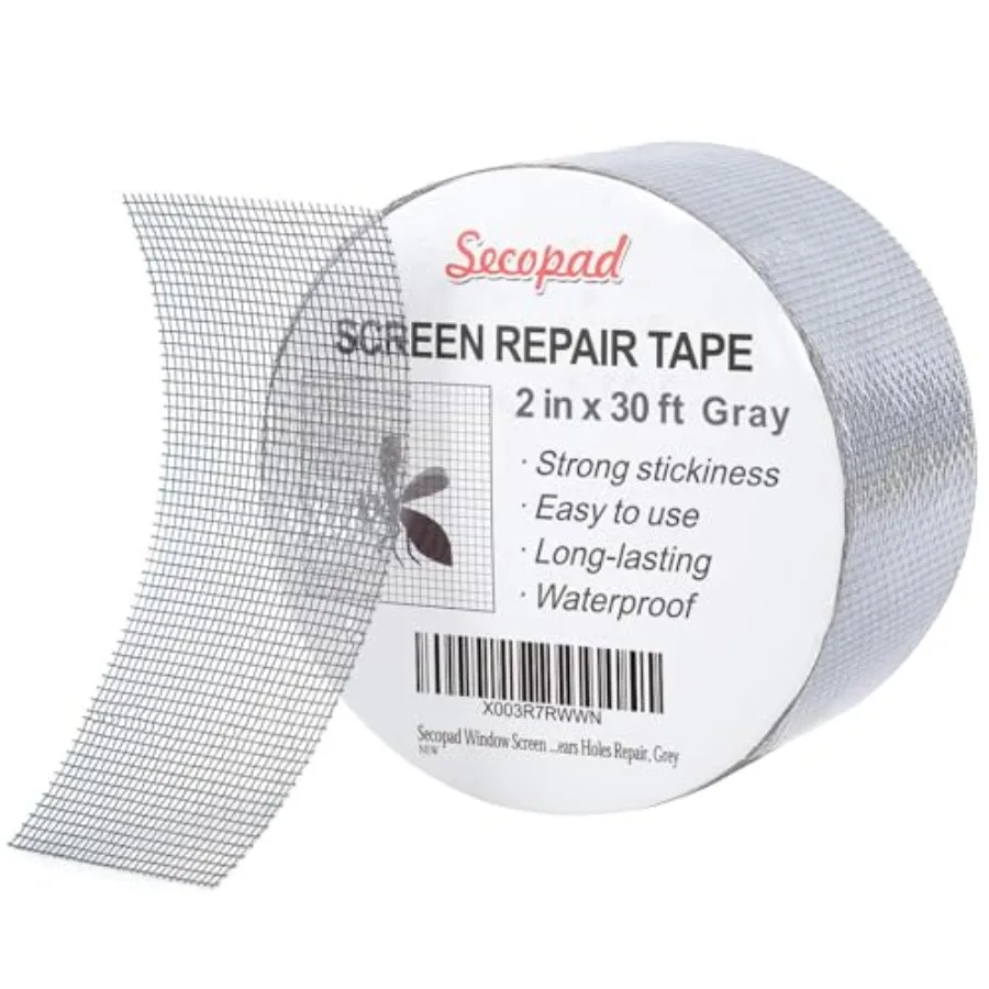 Secopad Ruban de réparation d'écran de fenêtre auto-adhésif gris, 2 po x 30 pieds (360 po) Kit de réparation de patch d'écran en film