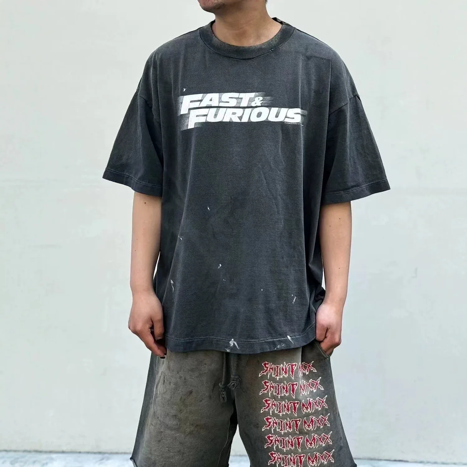 Washed Vintage Short Sleeve T-Shirt Saint Mx6 Fast Furious Collaborative Edition Loose Fit American Style Casual Wear