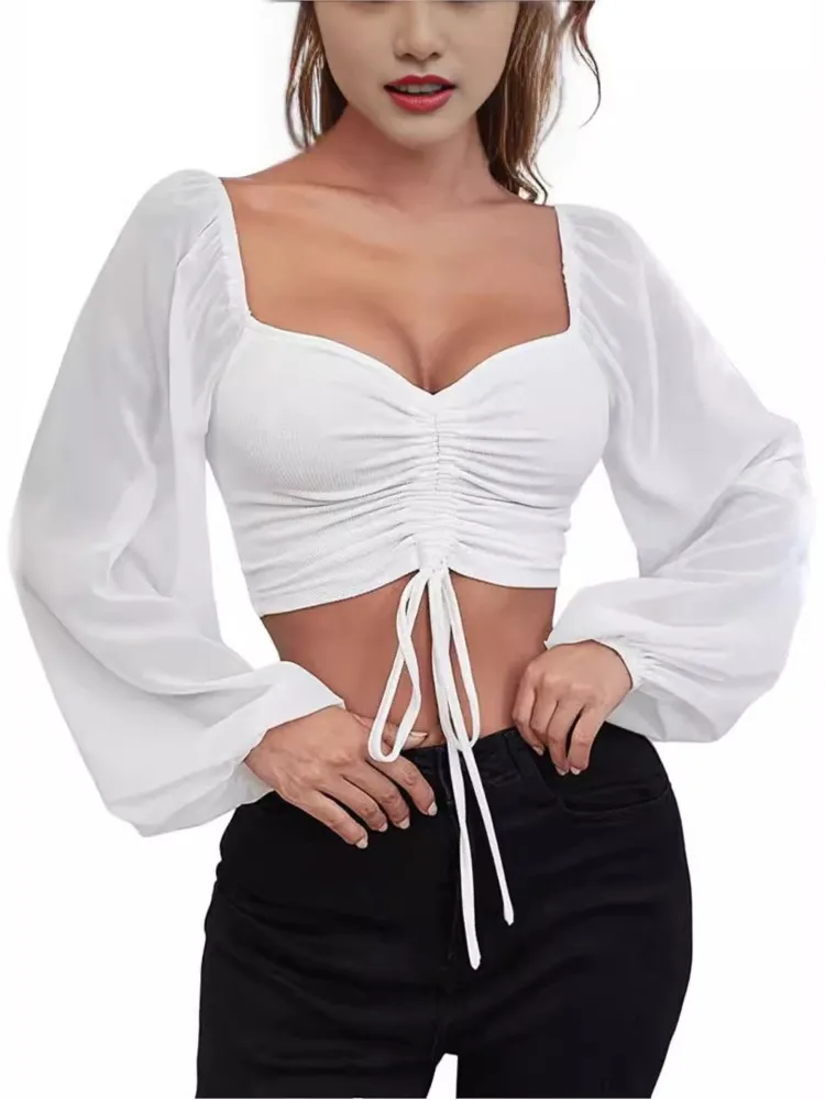 2024 Spring Summer New Sexy V-neck Chiffon Drawstring Lantern Sleeve Tight Fashion Sexy Short Style Waist Long Sleeve Shirt Top