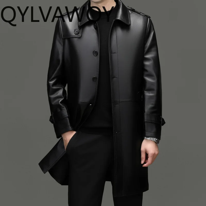 QYLVAWOY 100% Genuine Leather Jacket Men Fashion Real Sheepskin Leather Coat Man Clothes Mid-length Casual Winter Jackets 2026