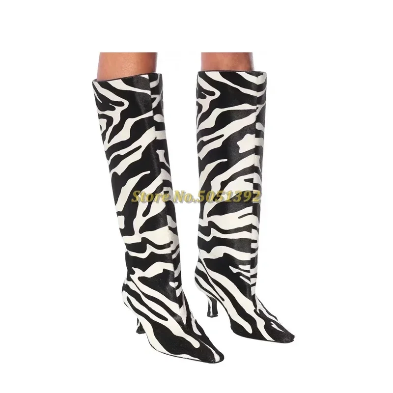 Zebra Pattern Knee High Medium Heel Boots Newest Fashion Pointy Toe Stiletto Heel Runway Dress Women Boots Slip On Boots - view 2