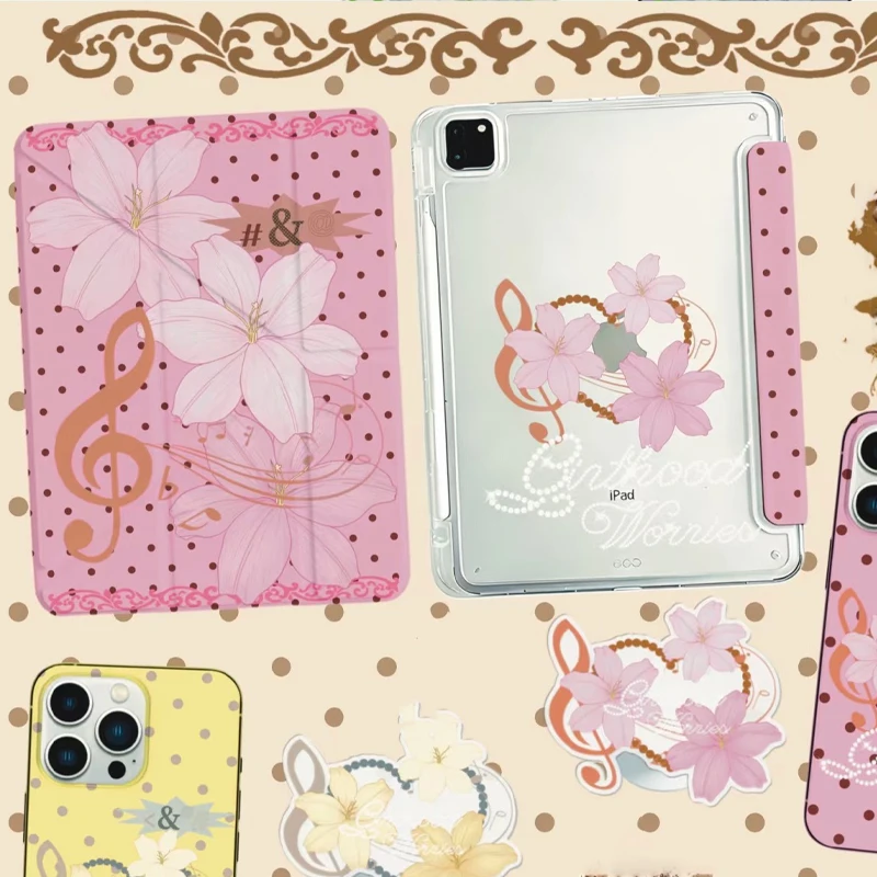 Y2K Pink Lace Polka Dots Floral Y-Flod Cover For iPad Pro 13 11th M5 M4 12.9 A16 10 8 7 9th 10th Air 11 M2 M3 Mini Tablet Case
