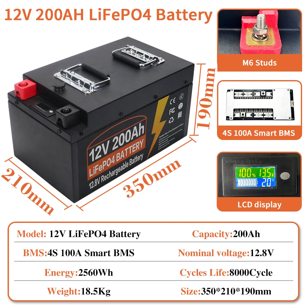 Paket Baterai Lithium Besi Fosfat BMS Bawaan Sel LiFePO4 12V 200AH 8000 Siklus untuk Kereta Golf Berkemah RV Tenaga Surya dengan Pengisi Daya