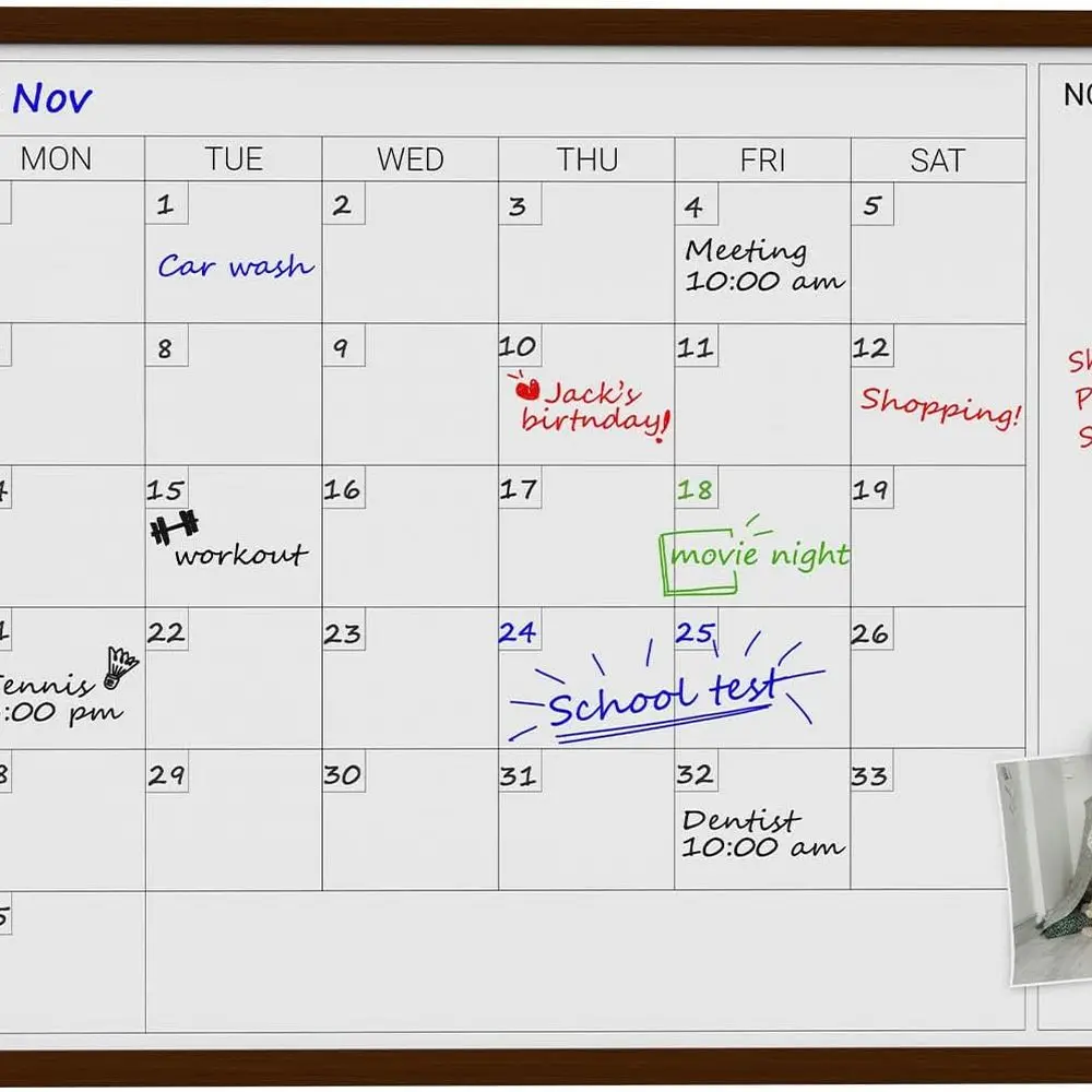 سبورة بيضاء بتقويم مغناطيسي جاف مقاس 36 × 24 بوصة مع إطار خشبي للمنزل والمكتب والمدرسة