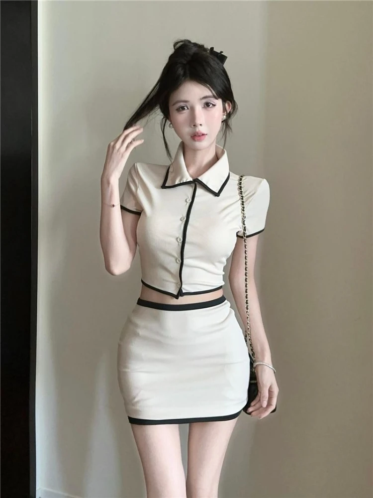 Small fragrant style contrasting color two-piece set women's summer laple collar single breasted top hip hugging short skirt