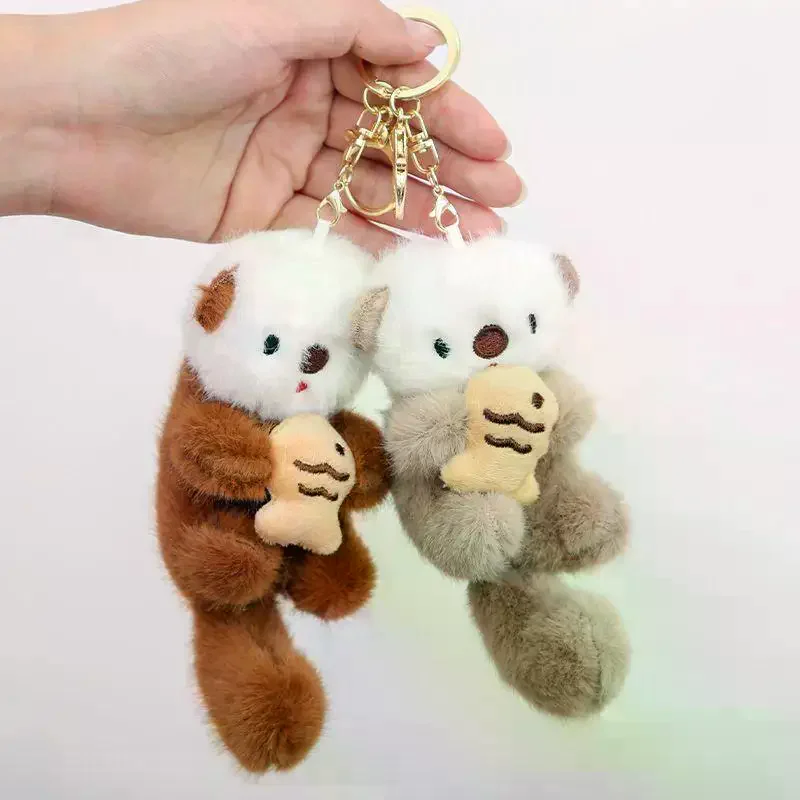 Cute Plush Otters Holding Fish Keychain Fashion Backpack Animal Keyrings Bag Key Wallet Pendant Toy Girls Gift