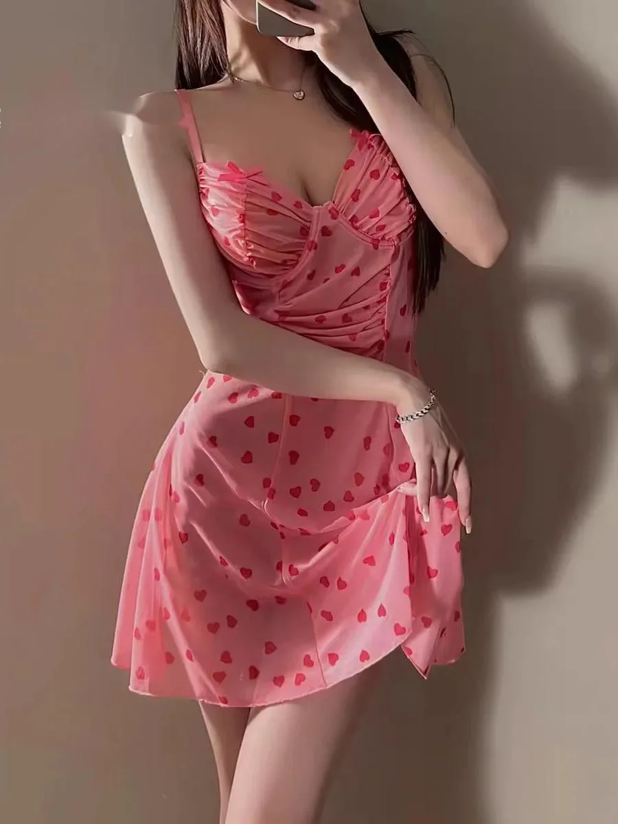 Summer Silky Suspender Bow Sexy Sweet Style Perspective Thin Yarn Comfort Korean Style Slim Temperament Dress Elegant DZ8U