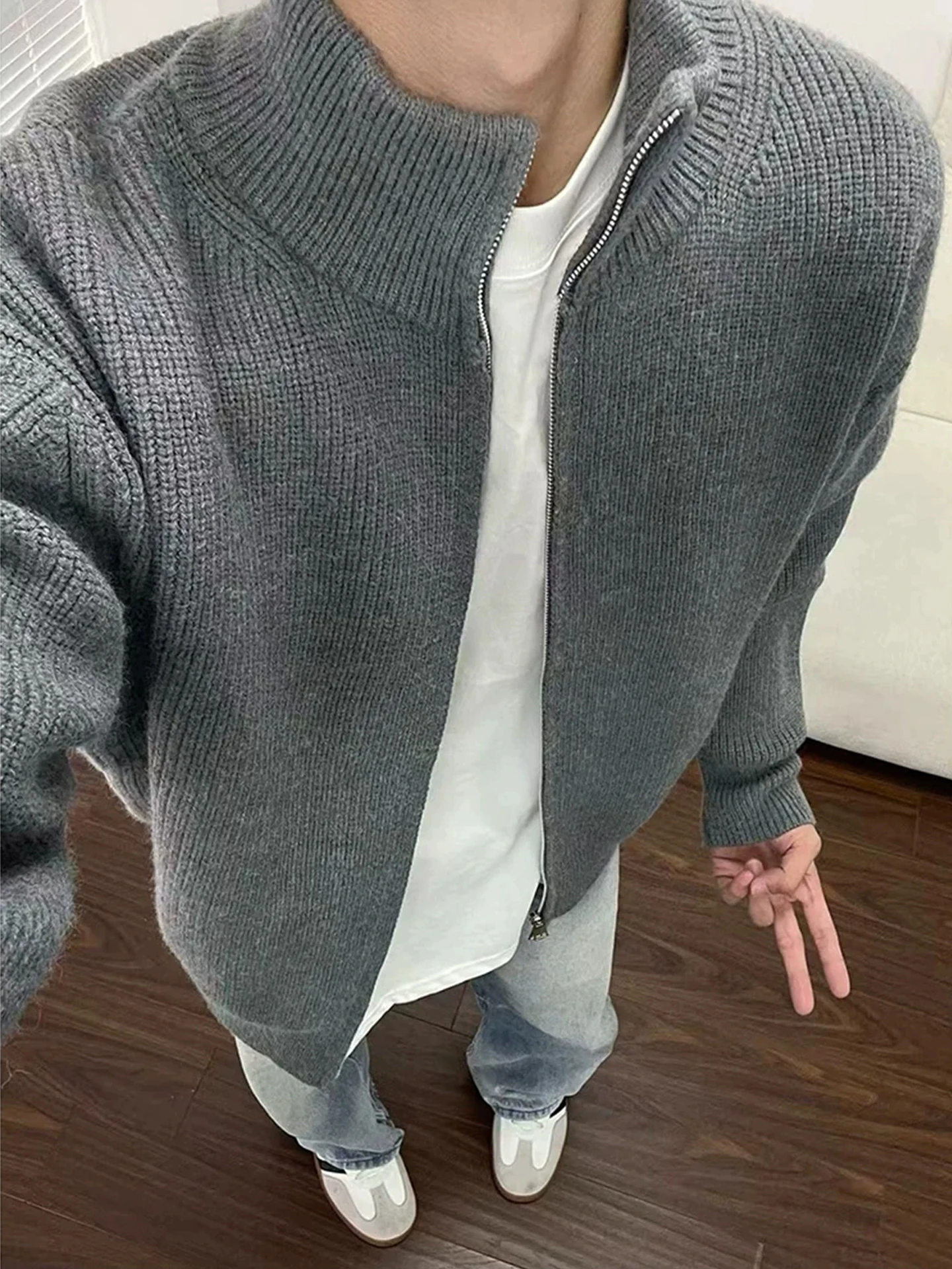 

ay Stand Collar Open Cardigan Knitwear Jaet Men's Sle Double Zipper American Retro Knitted irt for Spring Autumn