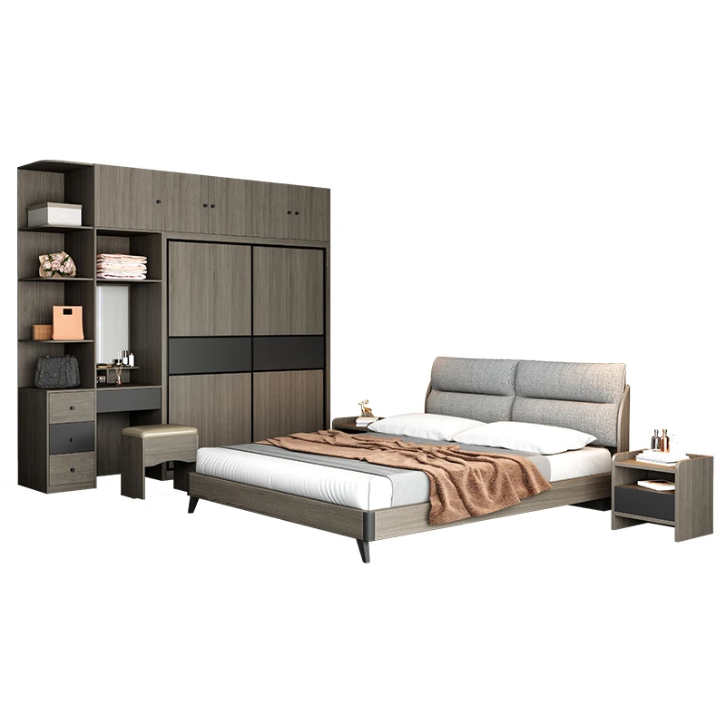 2024 Villa MDF  Modern Set Furniture Grey Tatami  Hotel Bedroom Suites Bed With Storage Nightstand Wardrobe Desk