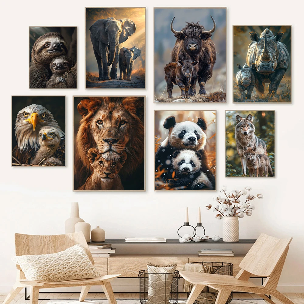 Modern Wildlife Lion Elephant Tiger Flamingos Panda Animal Portrait Family Poster Canvas Paintings Wall Art Pictures Home Decor