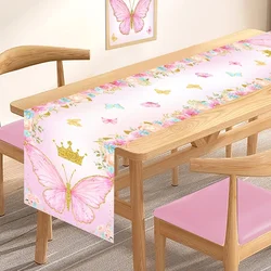 1pc Pink Butterfly Themed Polyester Table Runner Table Flag For Butterfly Birthday Baby Shower Wedding Home Holiday Table Decor