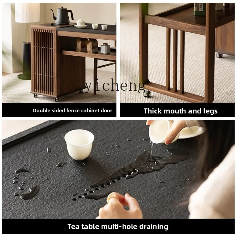Black Walnut Tea Table with Kettle Integrated Solid Wood Tea Table for Balcony Small Size