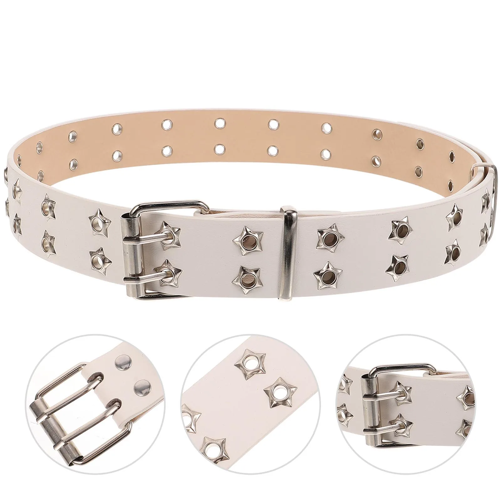 

Wide Belt White Punk Grommet Decorative Adjustable Length Fashion Metal Buckle Casual Belts for Men Women Punk Belt