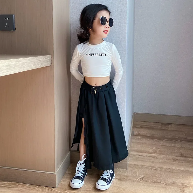 Korean Streetwear Black Chiffon Midi Skirt Slit Irregular High Waist Baby Girls Kids Clothing Party Show Long Skirts 3 To 12 Yrs