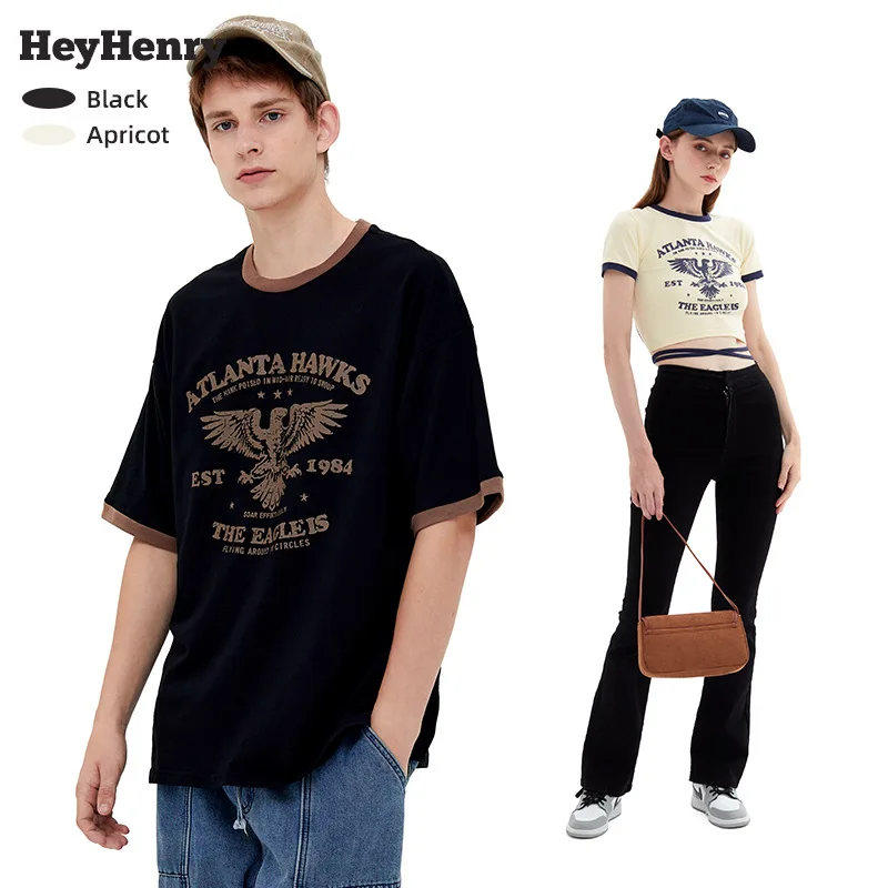 

Женская хлопковая Футболка heyheni, Американская футболка с коротким рукавом в стиле Instagram, дизайнерская нишевая свободная парная футболка с коротким рукавом для мужчин и женщин на лето