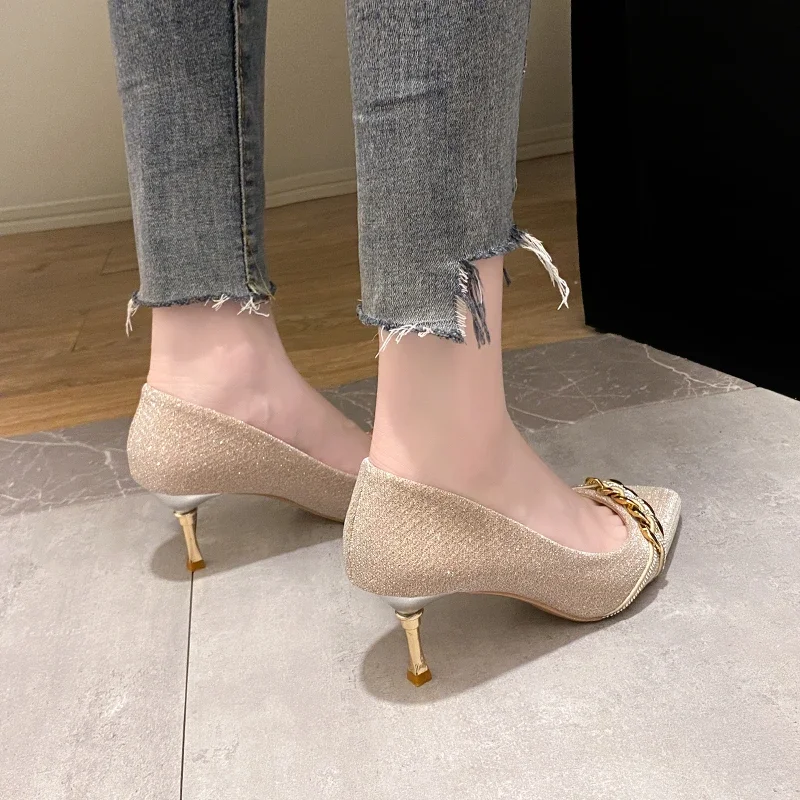 Elegant Champagne Color High Heels Women's Fine Track 2024 New Bride Shoes Evening Dress Party Design Sensibility Single Shoes