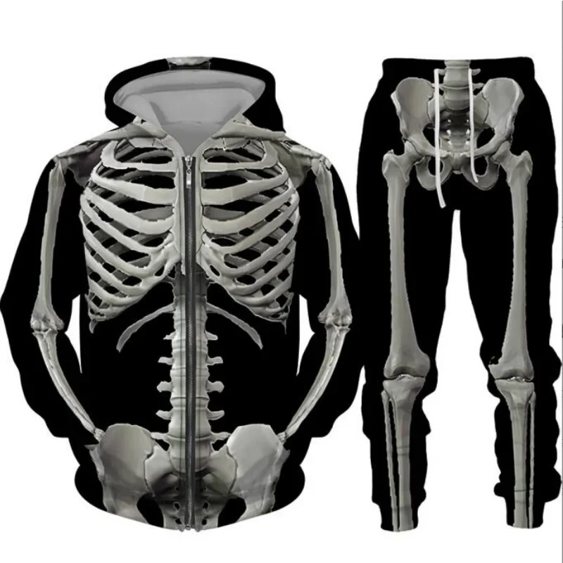 Men\'s Hoodie Sets 3D Skeletal Print Zipper Casual Tracksuit Pants Streetwear Two Piece Set Long Sleeve High-quality New Clothing