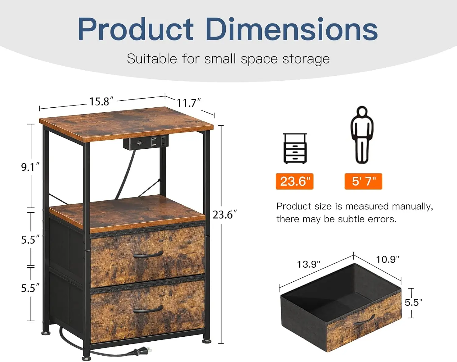 Nightstand Set of 2 with Charger Station \u2014 USB Ports & Outlet, Bed Side Table with LED Lights, End Table with Fabric Drawer image 4