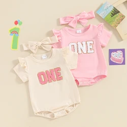 Summer Newborn Baby Girls Outfit Clothes Short Sleeve Embroidery Letters Romper Jumpsuit Headband One Year Old Birthday Outfit