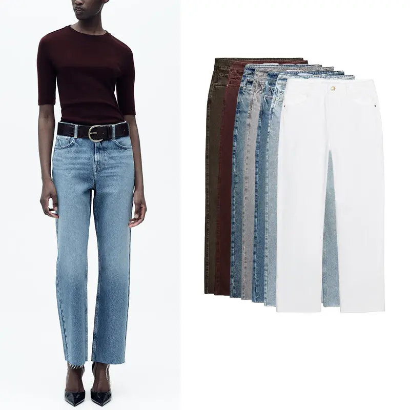 Spring New Women's Casual Metal Button Decorated Multi-Color Straight High Waist Jeans High Waist Wide Leg Polyester Fiber
