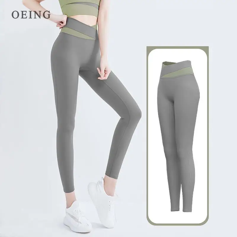 Women Yoga Pants Fashion Patchwork Color Crossover High Waist Hip Lift Abdominal Sports Leggings Gym Fitness Workout Tights