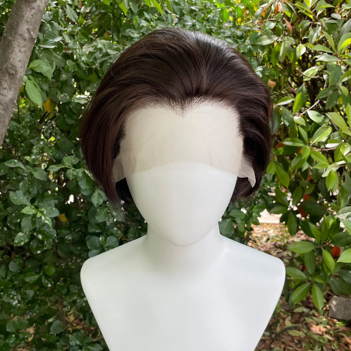 Widow‘s Peak Medium Brown Synthetic Wigs for Men 13x4 Lace Front Wigs Short Bob Cut Cosplay Wigs for Women 150% Density Glueless