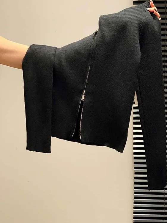 Ele-suéter ajustado de punto para mujer, cárdigan con cremallera y cuello alto, Top de capa Base Faionable para otoño e invierno