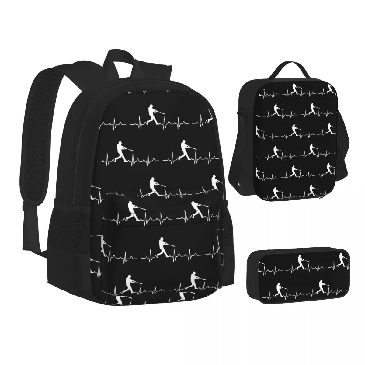 Baseball Player Heartbeat Backpacks Students Bookbag School Bags Kids Rucksack Lunch Bag Pen Bag Three-Piece Set