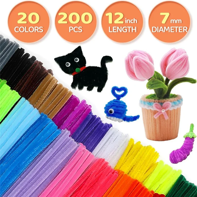 MAKE-200Pcs nettoyeurs de tuyaux, nettoyeurs de tuyaux pour l'artisanat, fournitures artisanales tiges de Chenille multicolores pour bricolage (12 pouces x 6mm, 20 couleurs)